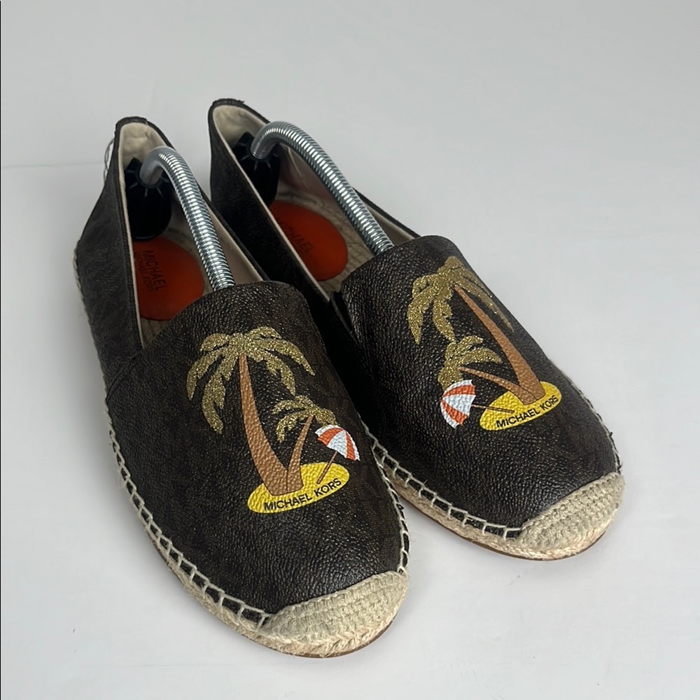 Michael‎ Kors MK Logo Espadrilles Women 8M Brown Palm Tree Beach Slip On Shoes
